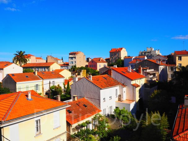 Vue d'un village avec des maisons aux toits rouges sous un ciel bleu.