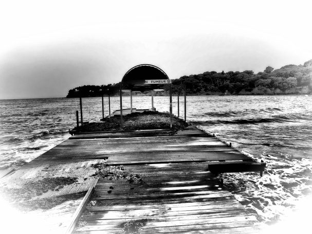 Quai en bois s'étendant vers l'horizon, avec des vagues et des arbres en arrière-plan.